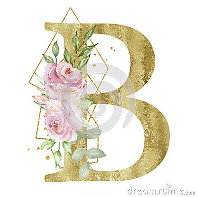 Floral watercolor alphabet, golden letter B with roses Stock Photo