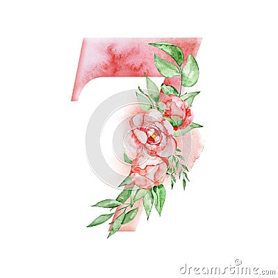 Floral watercolor alphabet. Watercolor number 7 with peonies flowers and leves. Romantic monogram Stock Photo