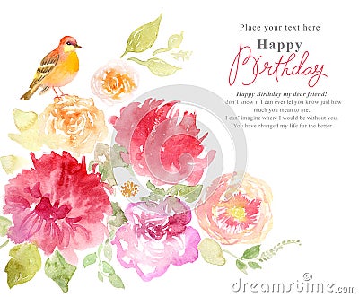 Floral watercolor background with pink flowers and birds Stock Photo