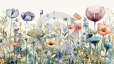 Floral Watercolor Background. Springtime Poppy Flowers Artistic Beautiful Banner. Tender Florals Watercolor Wallpaper Stock Photo