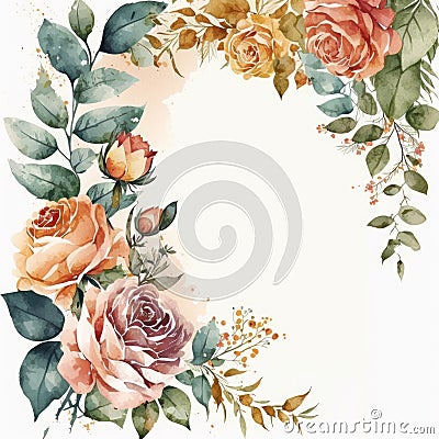 Floral watercolor border background with Roses on pure background. Illustration AI Generative Stock Photo