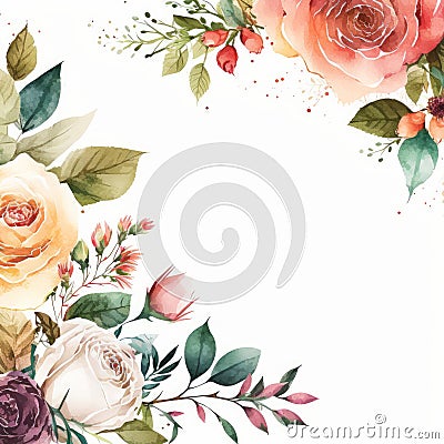 Floral watercolor border background with Roses on pure background. Illustration AI Generative Stock Photo