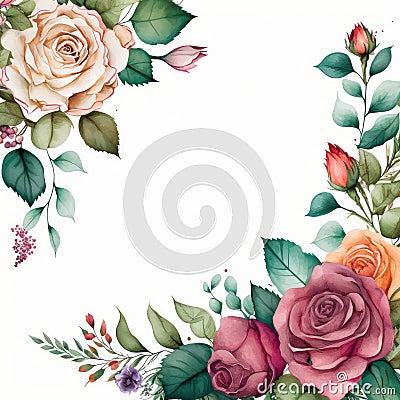 Floral watercolor border background with Roses on pure background. Illustration AI Generative Stock Photo