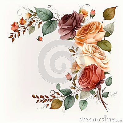 Floral watercolor border background with Roses on pure background. Illustration AI Generative Stock Photo