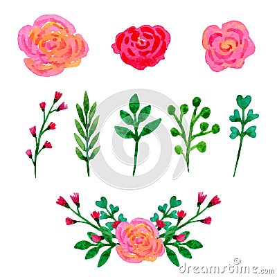Floral watercolor collection. Flowers and leaves, branches design elements set. Vector hand drawn Vector Illustration