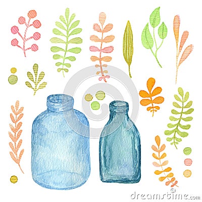 Floral watercolor collection. Leaves, branches and mason jars. Illustration for invitation, wedding and greeting cards. Isolated a Stock Photo