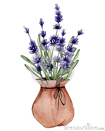 Floral watercolor illustration of lavender in a pouch. Natural product. Fragrant flowers for stickers, decoration and decor Cartoon Illustration