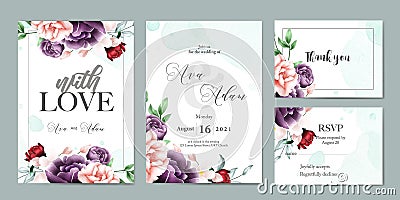 Floral watercolor wedding invitation template set Vector Illustration