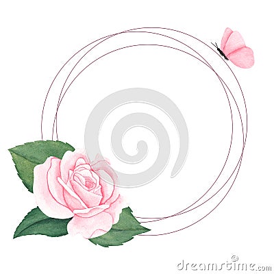 Floral watercolor Wrath with pink Rose Flowers and circular Frame. Hand drawn Template for greeting cards or wedding Stock Photo