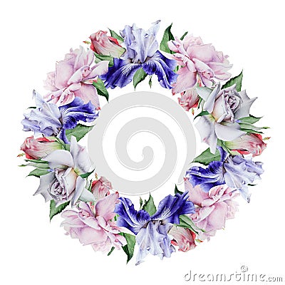 Floral watercolor wreath with rose and iris. Illustration. Hand drawn Stock Photo