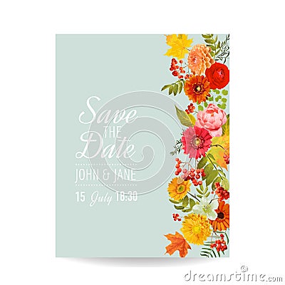 Floral Wedding Invitation Card with Autumn Flowers, Leaves and Rowanberry. Baby Shower Decoration Vector Illustration