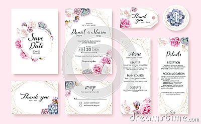 Floral Wedding Invitation card, save the date, thank you, rsvp, table label, menu, details, tage template. Vector. Pink and White Vector Illustration