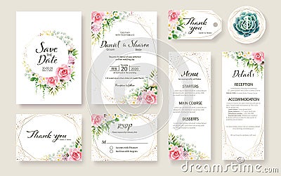 Floral Wedding Invitation card, save the date, thank you, rsvp, table label, tage template. Vector. Rose flower, Succulent, Vector Illustration