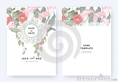 Floral wedding invitation card template design, pink calla lily, red Tropaeolum flowers and leaves with lace frame on white Vector Illustration