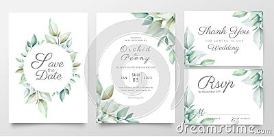 Floral wedding invitation card template set of realistic watercolor leaves. Elegant greenery save the date, invite, thank you, Vector Illustration