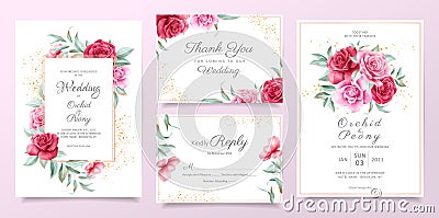 Floral wedding invitation card template set with red and purple roses, leaves, and golden decorative. Botanical card background Vector Illustration