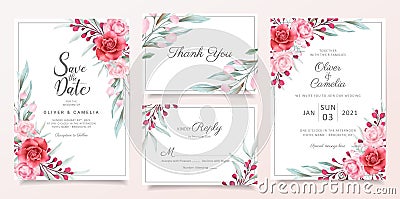 Floral wedding invitation card template set with watercolor flowers border decoration. Elegant botanic illustration for greeting, Vector Illustration