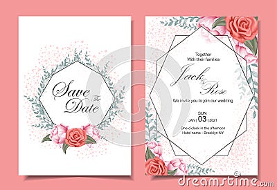 Floral Wedding Invitation Cards Set with Roses, Wild Leaves, Geometric Frame, and Sparkle Effect Vector Illustration