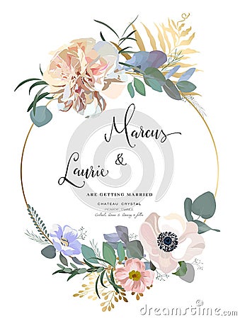 Floral Wedding Invitation. Elegant pink garden rose, peony, anemone, eucalyptus branches, leaves. Vector template Vector Illustration