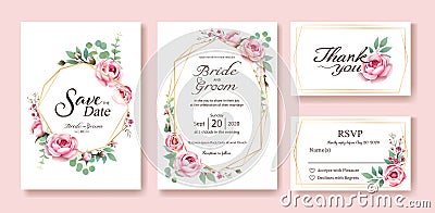 Floral wedding Invitation, save the date, thank you, rsvp card Design template. Vector. Queen of Sweden rose, silver dollar, leave Vector Illustration
