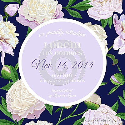 Floral Wedding Invitation Template. Save the Date Card with Blooming White Peony Flowers. Vintage Spring Botanical Vector Illustration