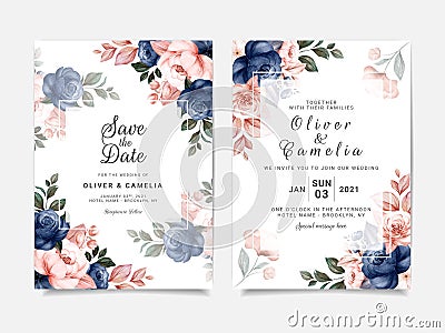 Floral wedding invitation template set with blue and brown roses flowers and leaves decoration. Botanic card design concept Vector Illustration