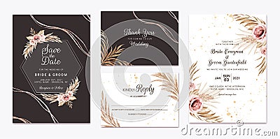 Floral wedding invitation template set with brown and peach roses flowers and leaves decoration. Botanic card design concept Stock Photo