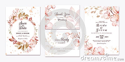 Floral wedding invitation template set with brown sakura flowers and leaves decoration. Botanic card design concept Vector Illustration