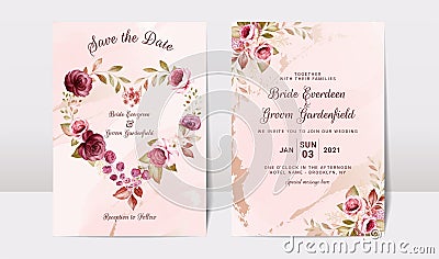 Floral wedding invitation template set with gold burgundy and brown roses flowers and leaves decoration. Botanic card design Vector Illustration