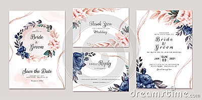 Floral wedding invitation template set with navy and peach watercolor roses and leaves decoration. Botanic card design concept Vector Illustration