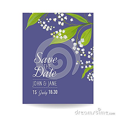 Floral Wedding Invitation Template with Spring Lily of the Valley Flowers. Save the Date Card, Anniversary Party, RSVP Vector Illustration