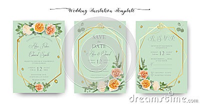 Floral Wedding Invitation, thank you, rsvp, Save the Date, Bridal Shower, marriage day, cards template set, watercolor Vector Illustration