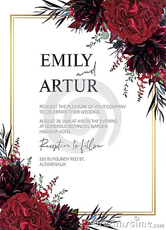 Floral wedding invite, invitation, greeting card editable vector design. Red garden rose flowers, burgundy dahlias, eucalyptus Vector Illustration