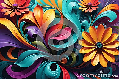 Floral Whirlwind: Abstract Background with Swirling Flower Motifs, Dynamic Blend of Vivid Colors, Interplay of Flowing Petals Stock Photo