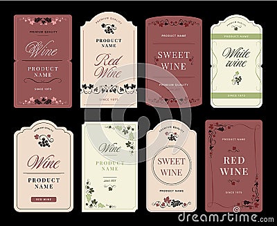 Floral wine bottle label. Winery sticker template with grapes vine, vertical vineyards frame for alcohol and elegant Vector Illustration