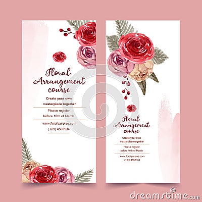 Floral wine flyer design with rose, rowan watercolor illustration Cartoon Illustration