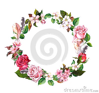 Floral wreath with apple, cherry flowers, sakura blossom, roses flowers and feathers. Watercolor round border Stock Photo