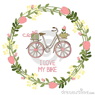 Floral wreath and bike Vector Illustration