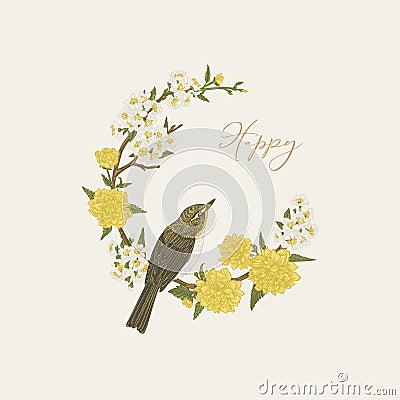 Floral wreath with bird Vector Illustration