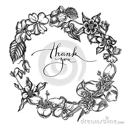 Floral Wreath of black and white impatiens, tigridia, aquilegia Vector Illustration