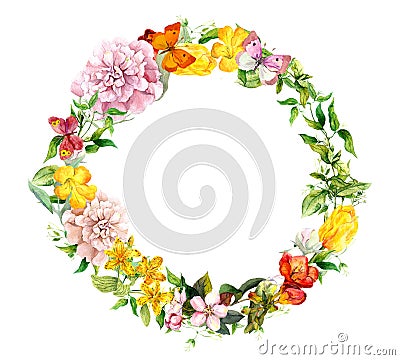 Floral wreath - blooming flowers, field grass. Watercolor round border Stock Photo