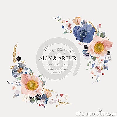 Floral wreath. Blue, blush pink anemone flowers, white hydrangea petals, blackberry, golden glitter bouquet. Editable vector Vector Illustration