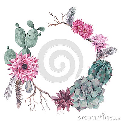 Floral wreath with branches and succulent Vector Illustration