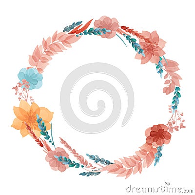 Floral wreath of delicate transparent pastel watercolor hand-drawn flowers, leaves, twigs and spikelets Stock Photo