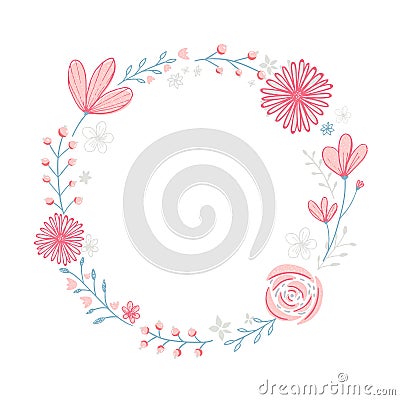 Floral wreath frame with copyspace. Hand drawn pastel pink flowers and branches. Vector Illustration