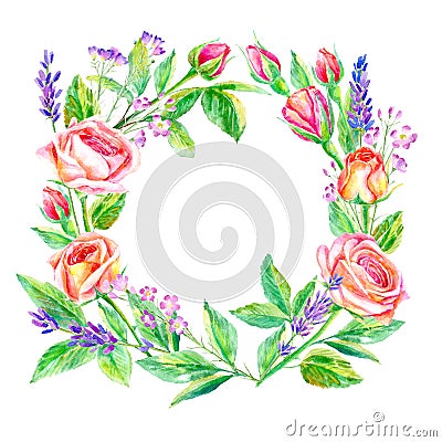 Floral wreath.Garland of a roses branches and lavender. Cartoon Illustration