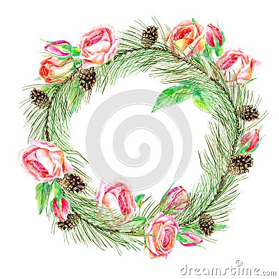 Floral wreath.Garland of a roses, pine branches and bump. Cartoon Illustration