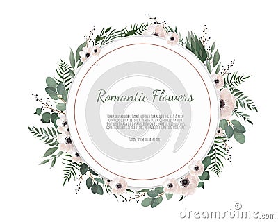 Floral wreath with green eucalyptus leaves, flower rose, anemone . Frame border with copy space eps10 Vector Illustration