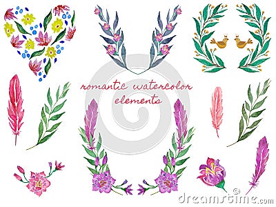 Floral wreath and heart. Set of watercolor frames. Botanical illustrations Stock Photo