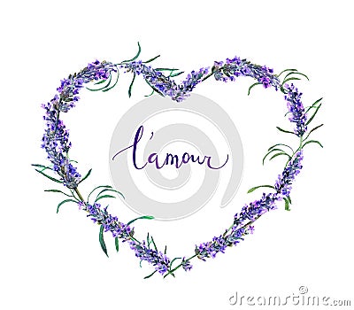 Floral wreath - heart shape with lavender flowers, french text L'amour . Watercolor for Valentine day, wedding Stock Photo